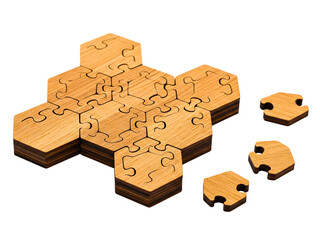 Wooden brain teaser puzzle with hexagonal interlocking pieces on a transparent background