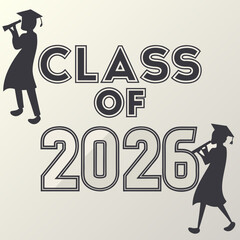 Dynamic class of 2026 graduation design featuring graduate silhouettes with trumpets, celebrating academic success and future aspirations