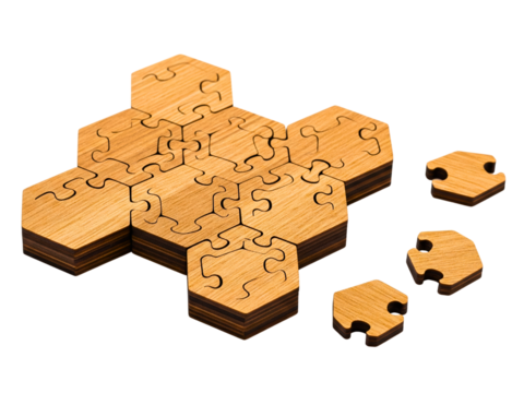 Wooden brain teaser puzzle with hexagonal interlocking pieces on a transparent background