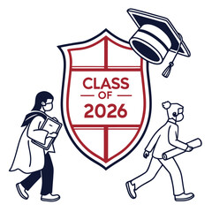 Class of 2026 graduation design featuring students wearing masks and graduation gowns, and a graduation cap on a shield vector illustration