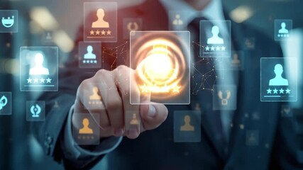 Businessman's hand selecting glowing profile icon on a futuristic virtual screen, symbolizing digital talent acquisition, HR management, and future... - Powered by Adobe
