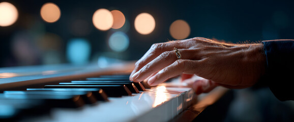 Close-up of a hand playing piano keys with soft bokeh lights in the background creating a warm and intimate atmosphere