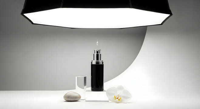 Elegant black fountain pen showcased with delicate orchid and garlic under studio lighting