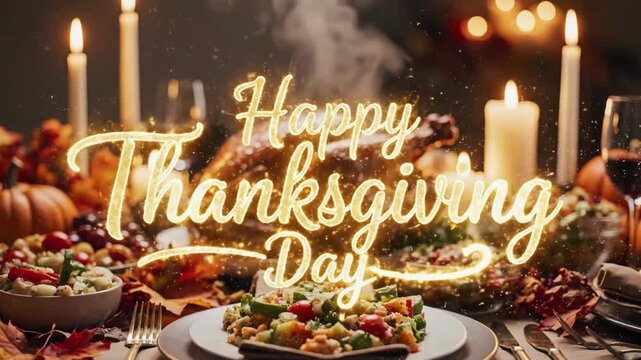 Animated sparkling text Happy Thanksgiving Day over fully set dinner table with roasted turkey and candles. Holiday greeting concept. - Powered by Adobe