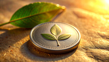 Coin of Environmental Value: A shiny coin with a leaf design sits in the sunlight, next to a green leaf. This image suggests growth, sustainability, and nature's value.