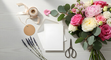 Beautiful floral arrangement with roses and peonies blank card twine and scissors on a white wooden surface