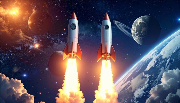 Rockets Taking Off into Space Exploring New Horizons Reaching for the Stars Concept Idea Dream Big Futuristic.