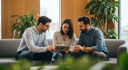 Three colleagues are sitting on a couch, looking at a tablet, discussing work, and collaborating in a modern office space with plants and natural light