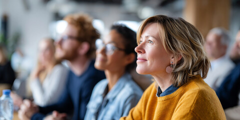 Fototapeta premium Diverse group of adults attentively listening in a modern seminar or workshop setting with focus on a thoughtful woman in a mustard sweater