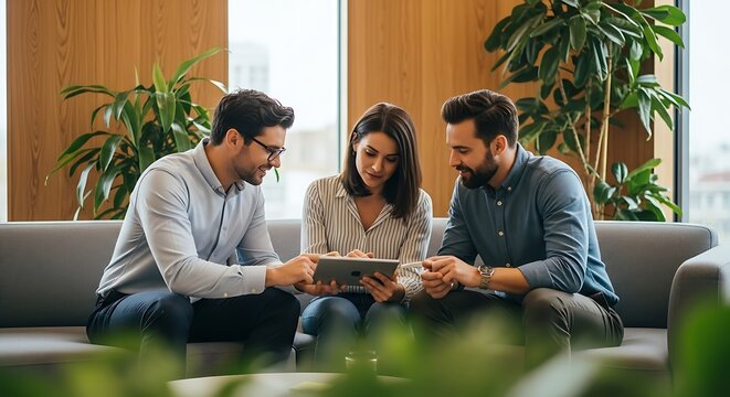 Three colleagues are sitting on a couch, looking at a tablet, discussing work, and collaborating in a modern office space with plants and natural light - Powered by Adobe