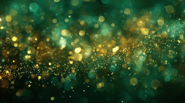 Blurred abstract background featuring gold bokeh on green, suitable for banners, web headers, and festive content.