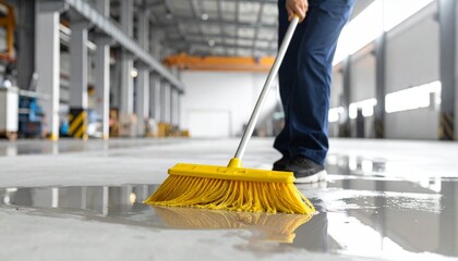 Cleaning and Maintaining an Industrial Space with a Yellow Push Broom Ensuring Workplace Safety and Professional Appearance.
