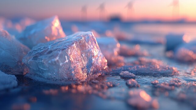 Sunrise over melting icebergs and turbines a call for climate awareness in the arctic