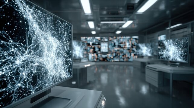 Futuristic exploration visualizing neural networks with glowing effects on transparent screens