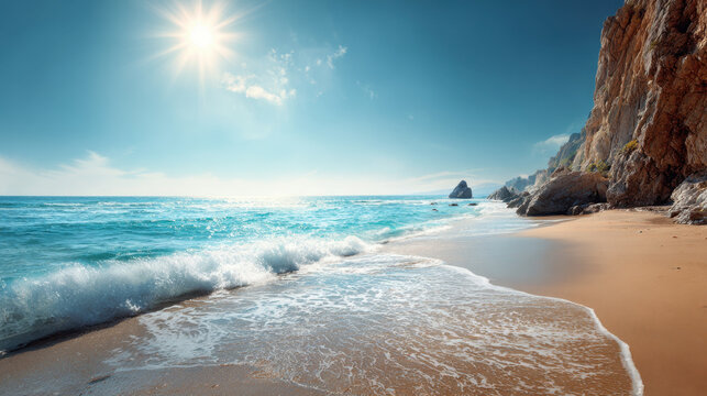 Sunny beach sea sand wave sunlit coastline cliff turquoise water bright sky serene summer vacation calm shore