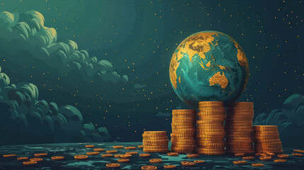 Money rules the world, golden earth globe next to gold coins