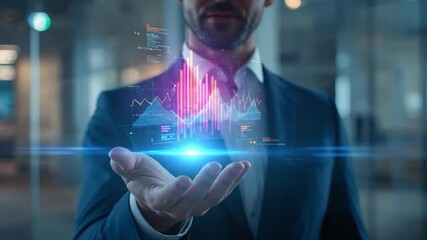 Futuristic Businessman Holding Glowing Holographic Data Projection: Innovative Business Analytics and Digital Transformation Concept - Powered by Adobe