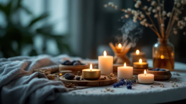 Beautiful composition featuring a spa set with burning candles and an aromatic reed diffuser on the table