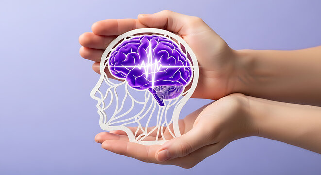 Hands hold brain cutout. Paper head with encephalography on purple background. Alzheimer, autism awareness, stroke, epilepsy, ADHD, seizure disorder, Mental and Neurological Health