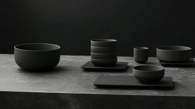 Elegant black tableware showcased on a minimalist surface in soft lighting