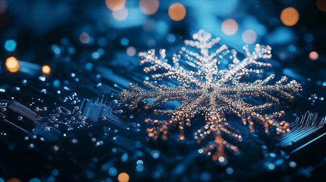 Stunning digital snowflake glitters with light against a futuristic circuit board background, embodying technology and winter's elegance.