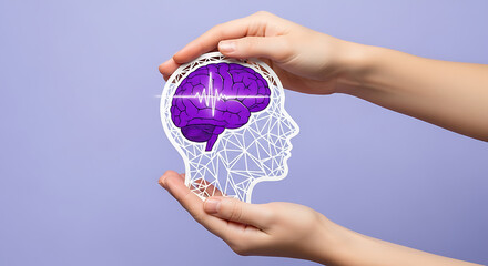 Hands hold brain cutout. Paper head with encephalography on purple background. Alzheimer, autism awareness, stroke, epilepsy, ADHD, seizure disorder, Mental and Neurological Health