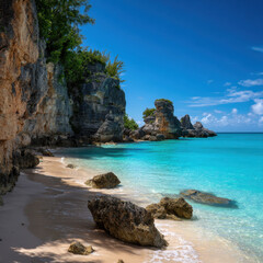 Turquoise water beach with limestone cliffs, sandy shore, scattered rocks, tropical vegetation and clear blue sky creating tranquil and vivid coastal scene