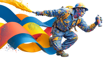 Graffiti artist spray paint mural ribbon wave halftone arrows splash energy flows as dynamic street painter colorful suit sprays bold ribbon waves and halftone arrows, creative urban art, isolated