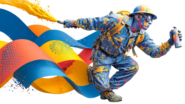 Graffiti artist spray paint mural ribbon wave halftone arrows splash energy flows as dynamic street painter colorful suit sprays bold ribbon waves and halftone arrows, creative urban art, isolated