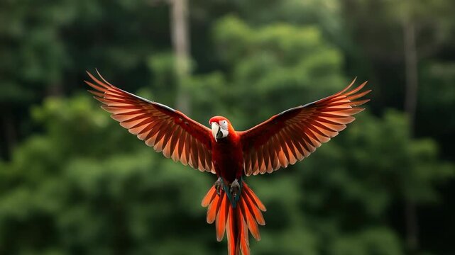 Dynamic footage capturing a striking red macaw in flight amid dense jungle foliage, showcasing vibrant bird coloration and natural habitat.