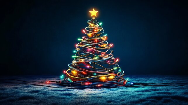 Vibrant festive Christmas tree shape illuminated by colorful fairy lights and topped with a glowing star, evoking holiday cheer and celebration.
