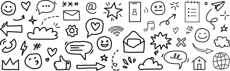Emoji media hand drawn doodle icon set. Internet conversation, media outline tech emoji, star, arrow shape. Hand drawn sketch chat emoticon, digital cloud, smile face elements. Vector illustration