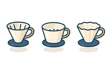 Set of three different coffee pour-over drippers and filters for manual brewing methods