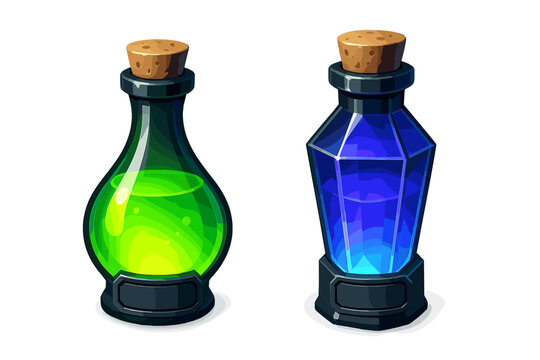 Pair of fantasy potion bottles filled with glowing green and blue liquid