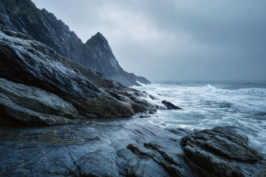 Moody coastal cliff, rocky shore, turbulent sea, overcast sky, dramatic coastline, rugged rock