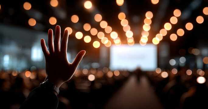 Raised hand in a dimly lit conference room with blurred audience and bright bokeh lights in the background during a presentation or event