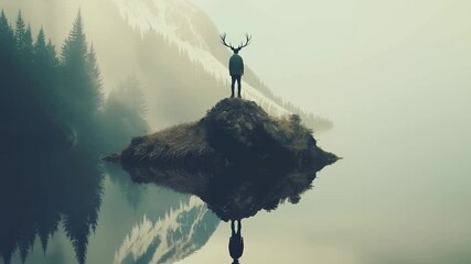 Surreal deer headed man standing on a floating island
