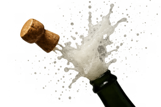 Champagne bottle popping its cork with a splash of effervescent white foam, symbolizing celebration and festivity. Transparent background - Powered by Adobe