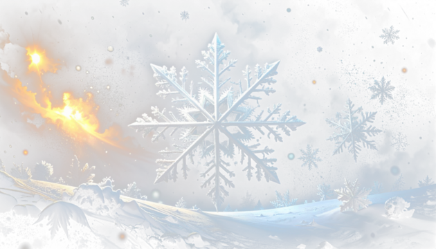 Winter nature landscape with snow covered snowflakes on a frozen window, perfect for a Christmas or holiday design card isolated on white background