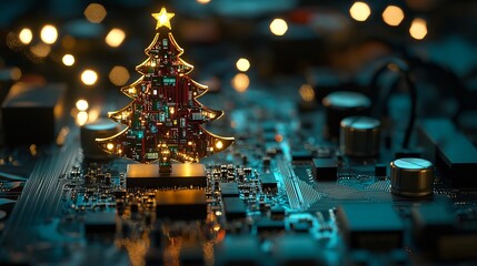 Futuristic Christmas tree crafted from glowing circuit boards and illuminated by warm bokeh lights, symbolizing innovation and holiday cheer