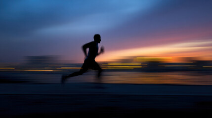 Silhouette runner sunset city lights motion blur beach dusk energetic athletic man sprinting along shoreline with dramatic sky