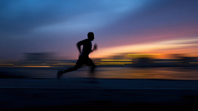 Silhouette runner sunset city lights motion blur beach dusk energetic athletic man sprinting along shoreline with dramatic sky