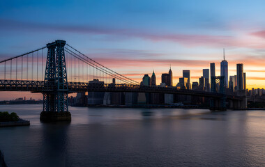 Iconic new york city skyline and bridge at sunset twilight