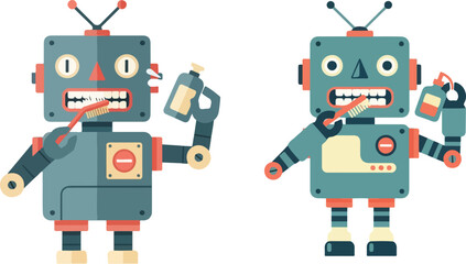 Retro Robot Doing Self-Care Routine Flat Vector Illustration