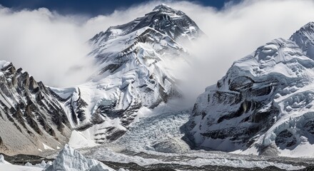 Majestic Mount Everest Peak Emerging Above Clouds, Surrounded by Snow-Capped Himalayan Mountains and Glaciers