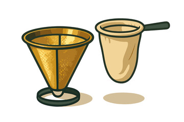 Reusable golden mesh coffee filter cone and traditional fabric sock filter for manual brewing methods