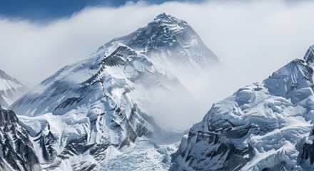 Panoramic View of Mount Everest Peak Rising Above Cloud Cover Amidst Snowy Himalayan Ranges and Glaciers