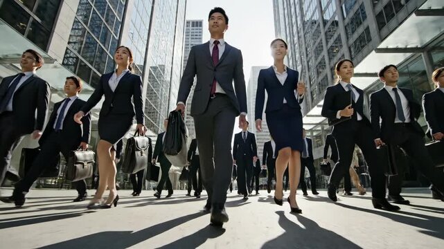 Dynamic team of Asian business professionals confidently walking towards camera in modern city business district on sunny day