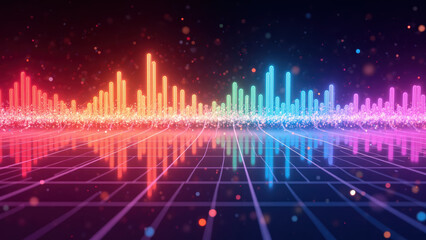 Vibrant sound wave visualization with colorful bars reflecting on grid surface, creating dynamic and energetic atmosphere