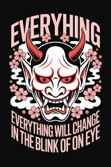 Obraz premium white and red demon mask with pink text everything will change in the blink of an eye. 